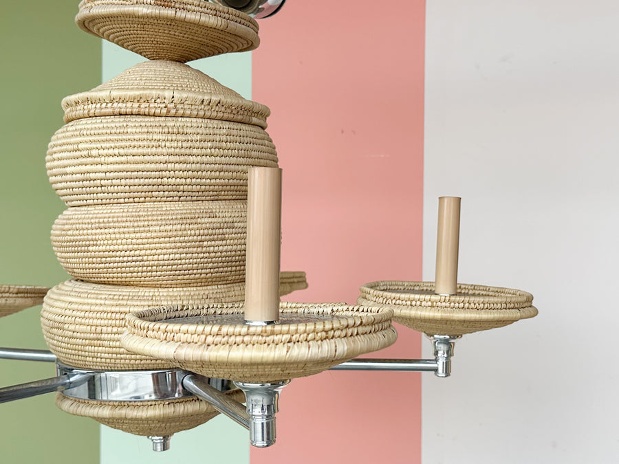 Chrome and Rattan Chandelier