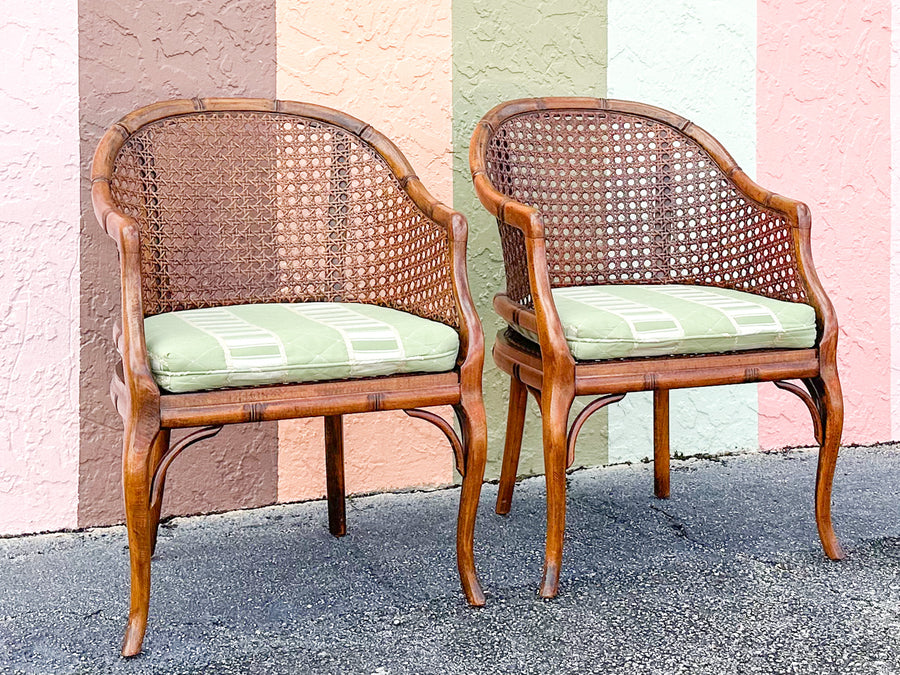 Pair of Handsome Faux Bamboo Cane Barrel Chairs