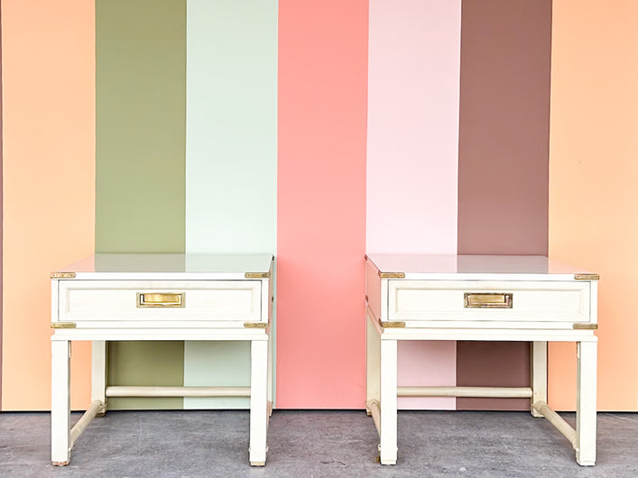 Pair of Campaign Style Brass and Rattan Nightstands