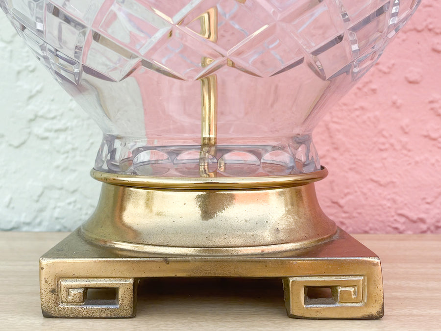 Pair of Brass Greek Key and Crystal Lamps