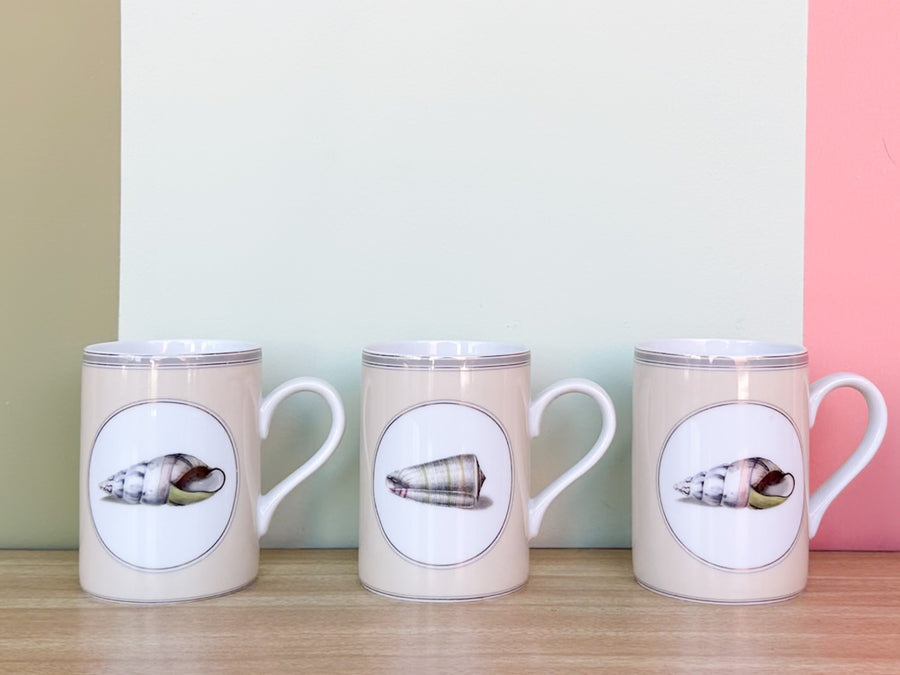Set of Six Fitz and Floyd Porcelain Shell Mugs