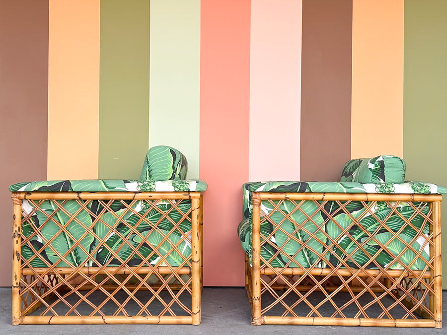 Pair of Rattan and Upholstered Palm Print Club Chairs