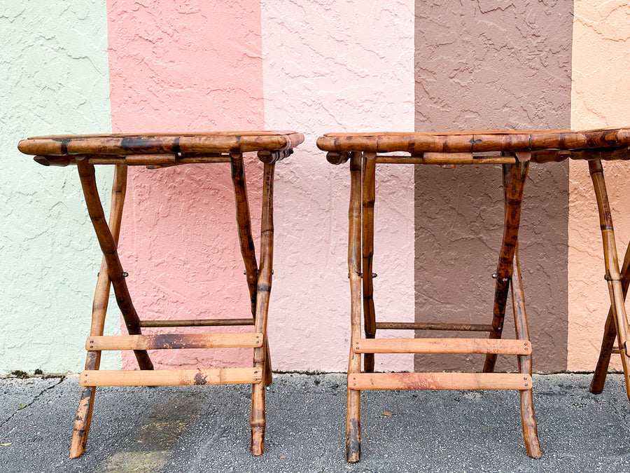 Set of Four Tortoiseshell Bamboo Folding Tables and Stand