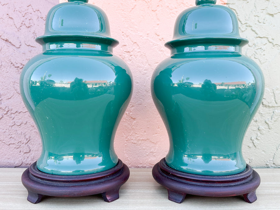 Pair of Forest Green Ginger Jar Lamps