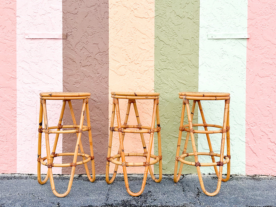 Set of Three Old Florida Cane and Rattan Bar Stools