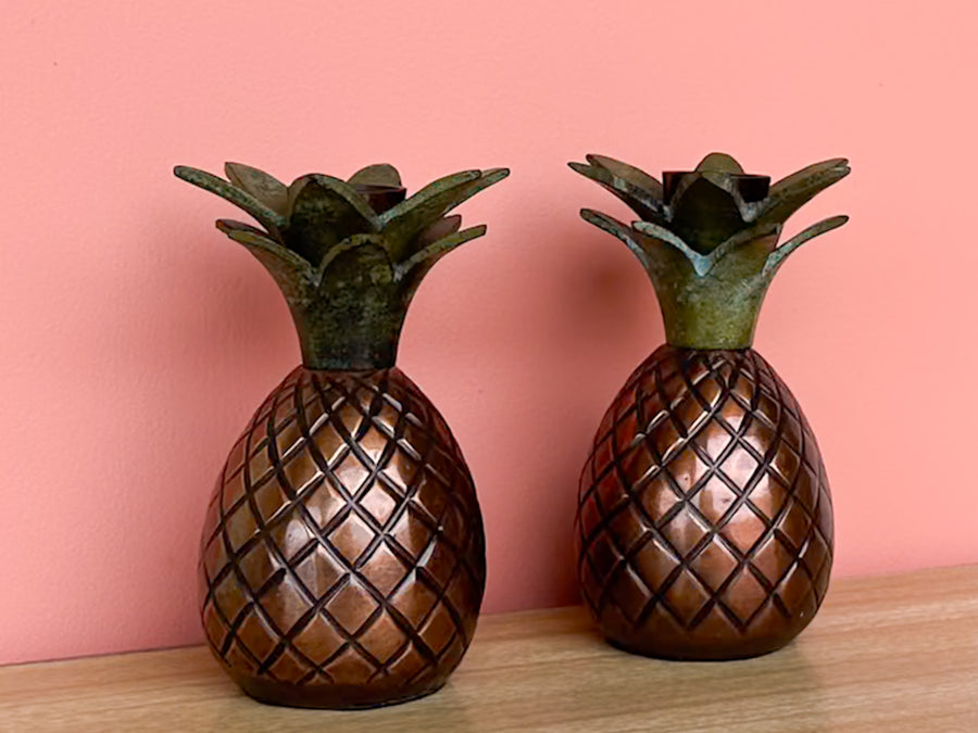 Pair of Bronze and Green Pineapple Candle Holders