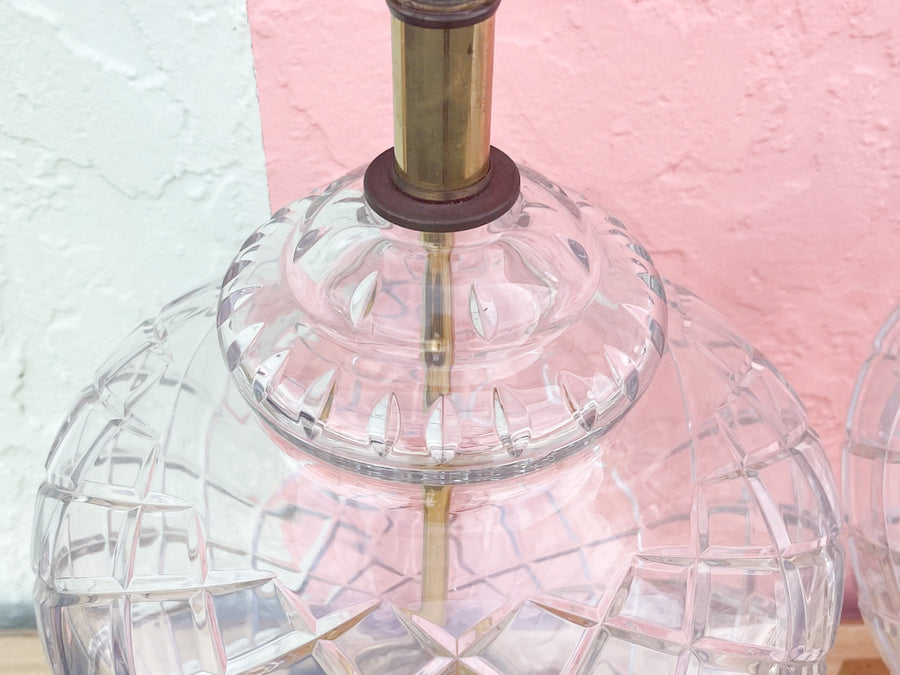 Pair of Brass Greek Key and Crystal Lamps