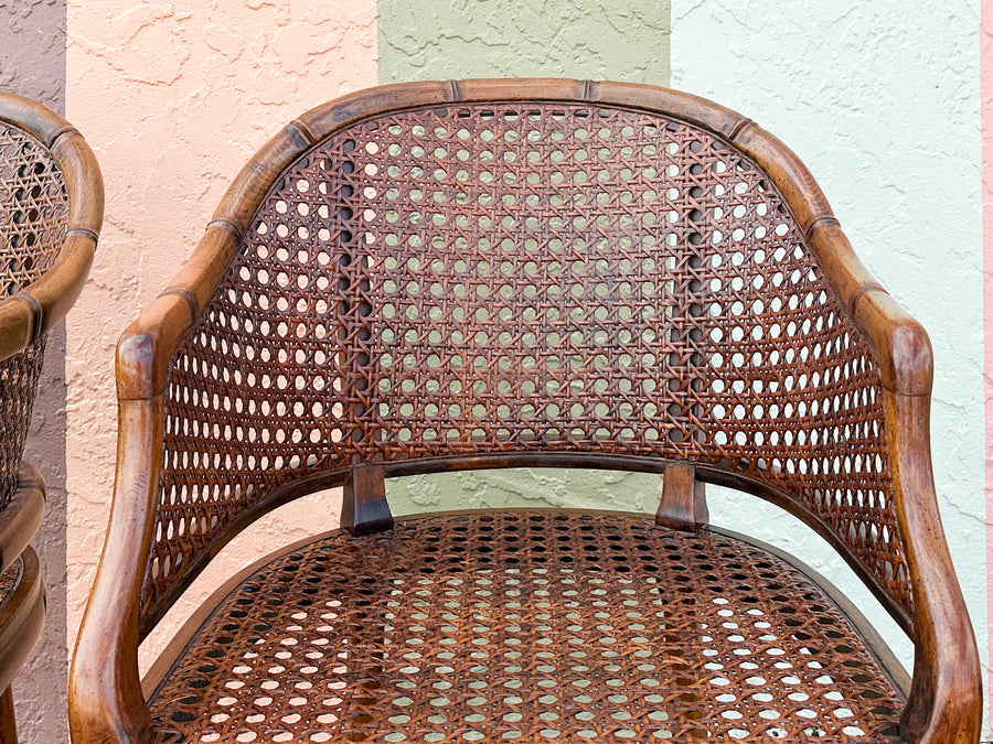 Pair of Handsome Faux Bamboo Cane Barrel Chairs