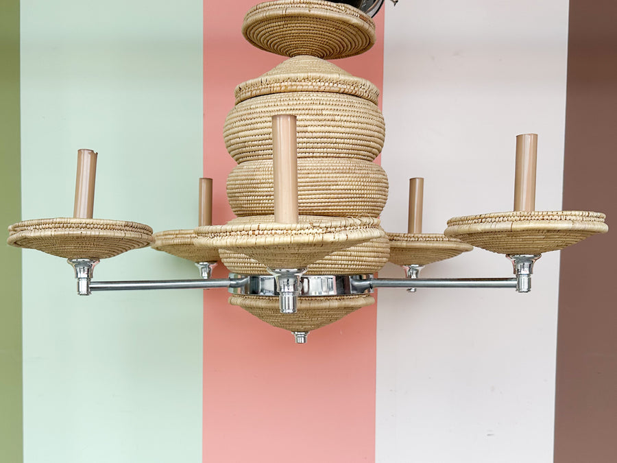 Chrome and Rattan Chandelier