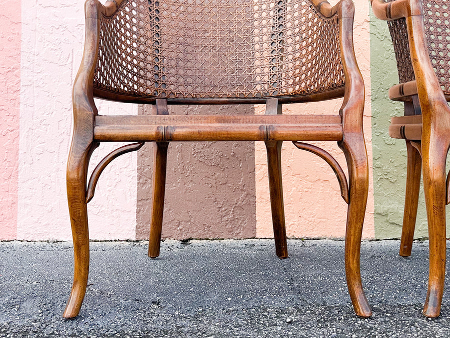 Pair of Handsome Faux Bamboo Cane Barrel Chairs