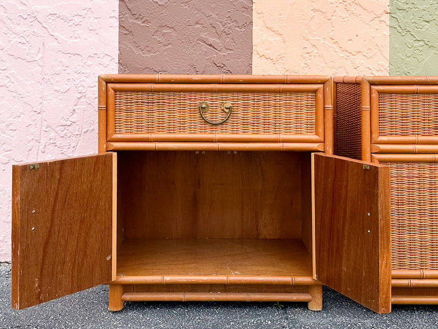 Pair of Rattan Wrapped Faux Bamboo Nightstands