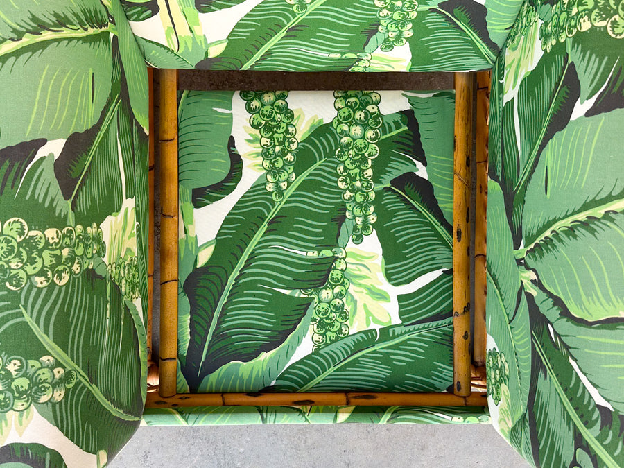 Pair of Rattan and Upholstered Palm Print Club Chairs