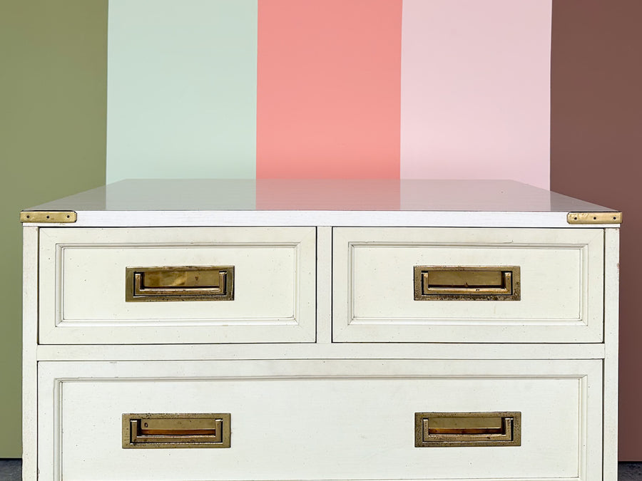 Oversized Campaign Style Brass and Rattan Nightstand