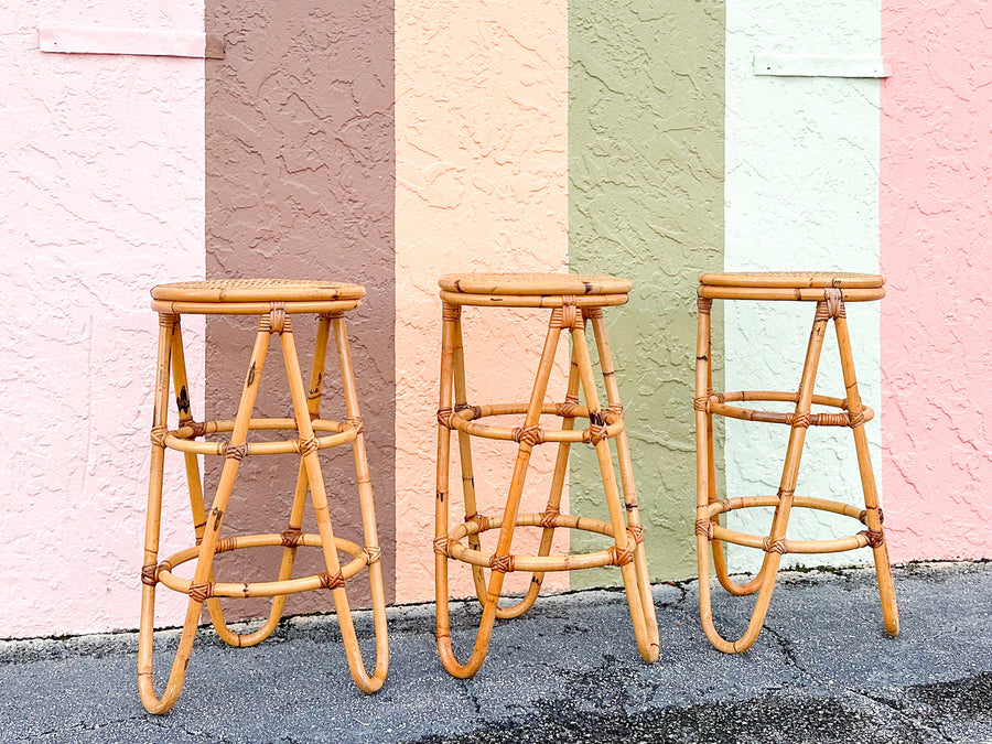 Set of Three Old Florida Cane and Rattan Bar Stools