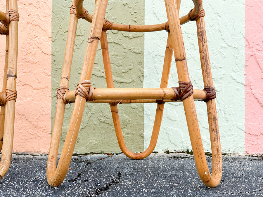 Set of Three Old Florida Cane and Rattan Bar Stools