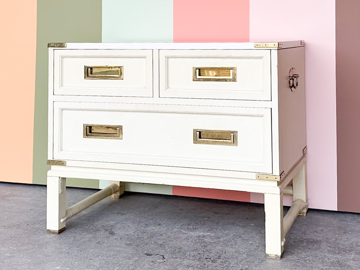 Oversized Campaign Style Brass and Rattan Nightstand