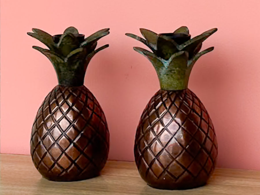 Pair of Bronze and Green Pineapple Candle Holders