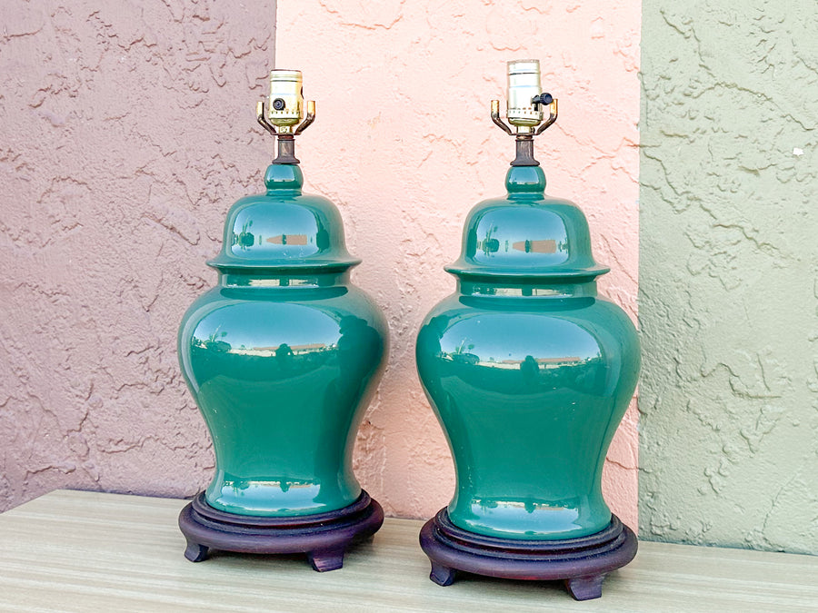 Pair of Forest Green Ginger Jar Lamps