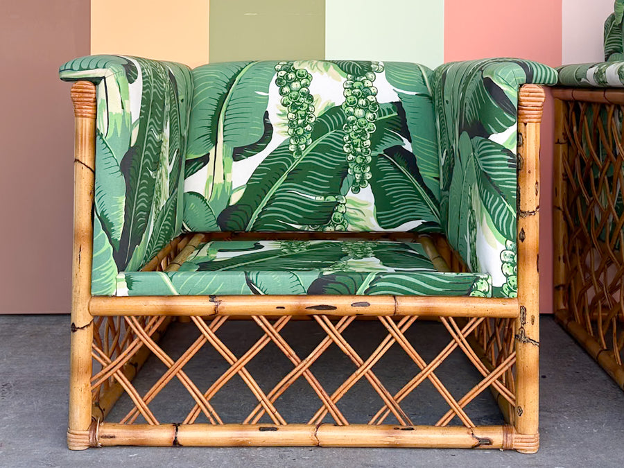 Pair of Rattan and Upholstered Palm Print Club Chairs
