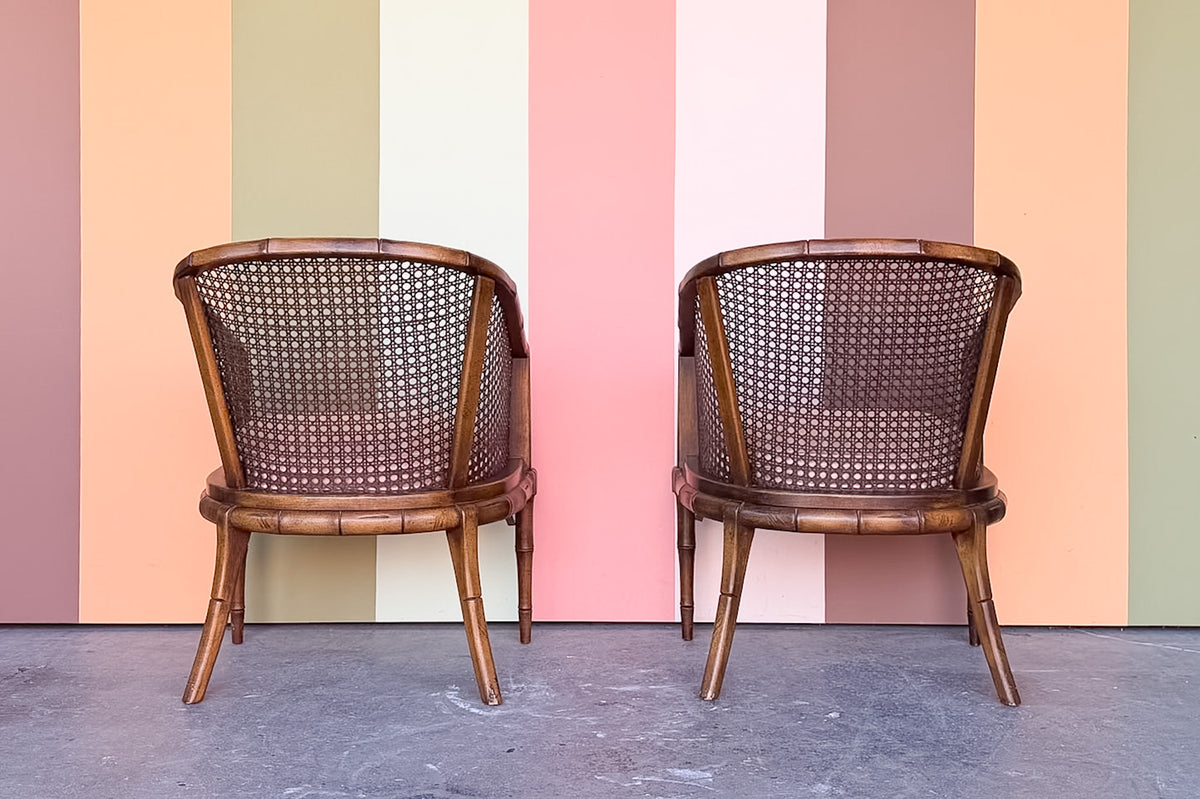 Pair of Handsome Faux Bamboo Cane Barrel Chairs
