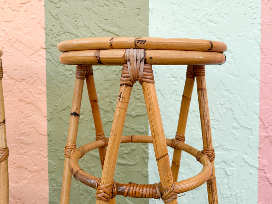 Set of Three Old Florida Cane and Rattan Bar Stools