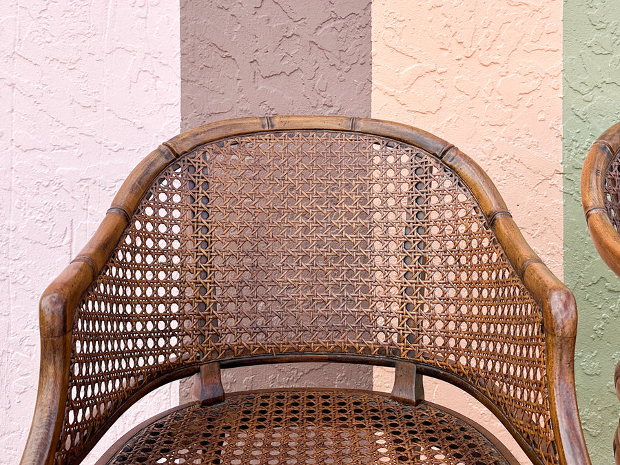 Pair of Handsome Faux Bamboo Cane Barrel Chairs