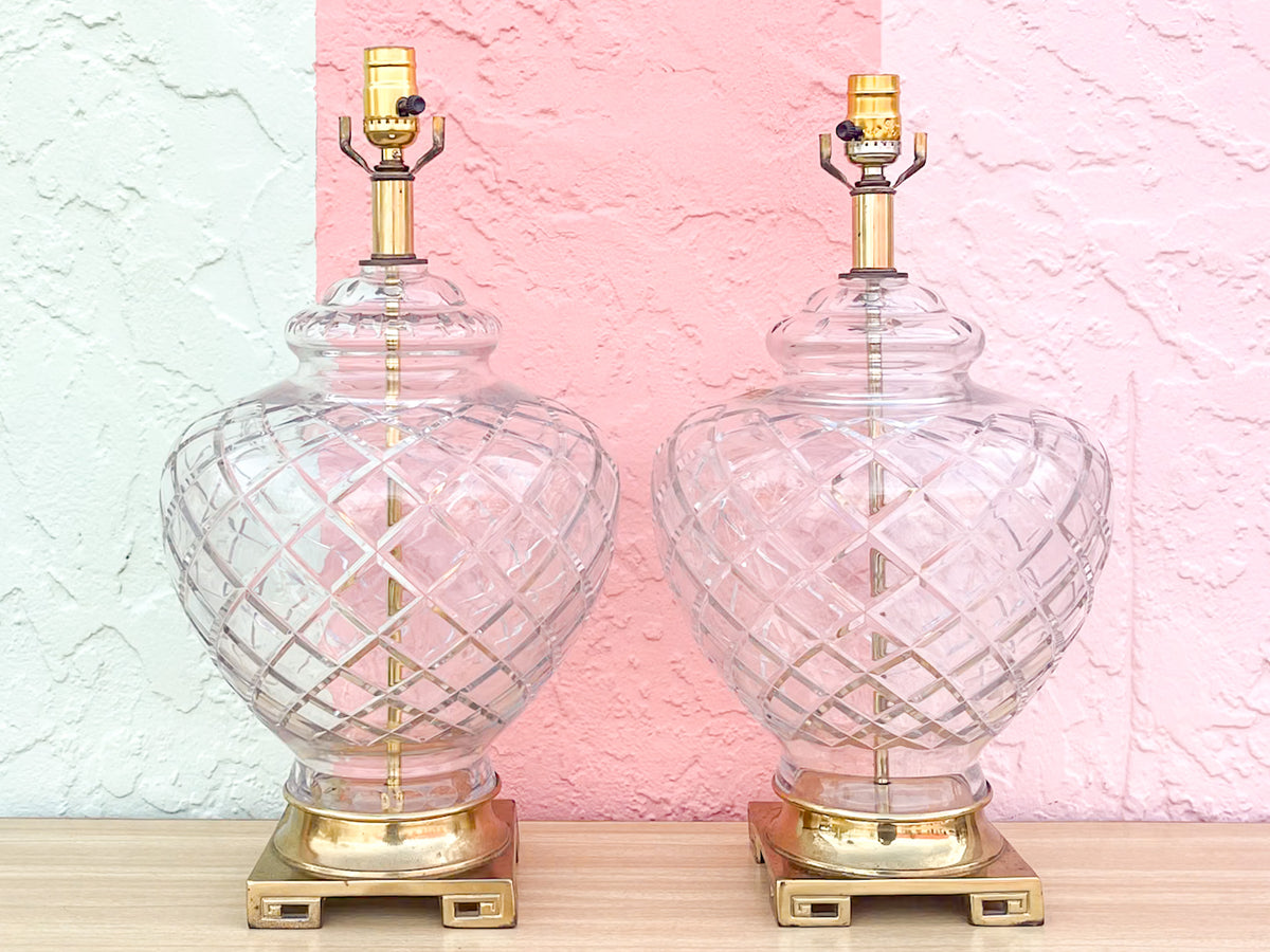 Pair of Brass Greek Key and Crystal Lamps