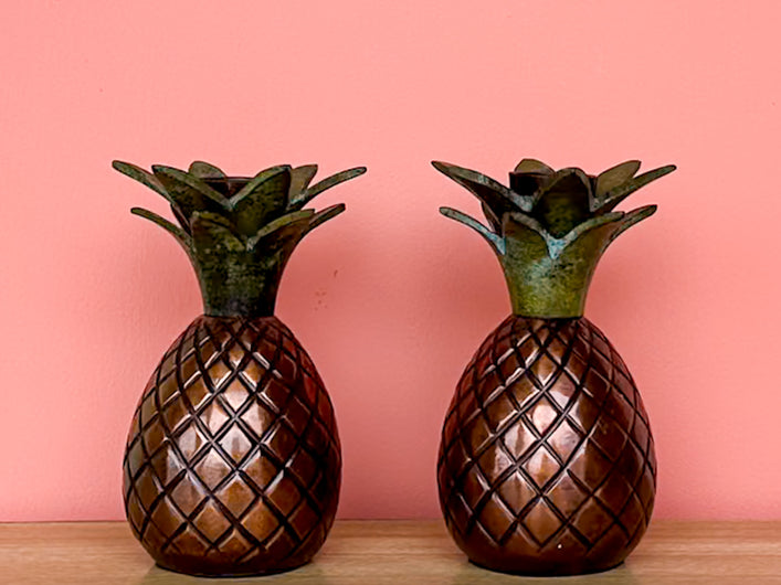 Pair of Bronze and Green Pineapple Candle Holders