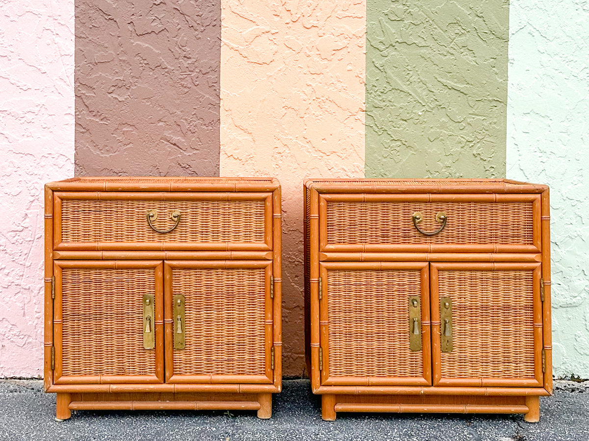 Pair of Rattan Wrapped Faux Bamboo Nightstands