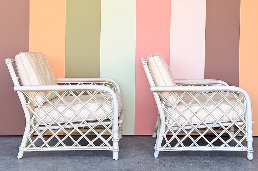 Pair of Ficks Reed Rattan Lattice Lounge Chairs