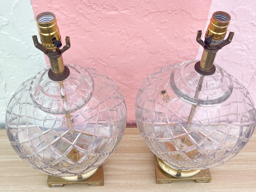 Pair of Brass Greek Key and Crystal Lamps