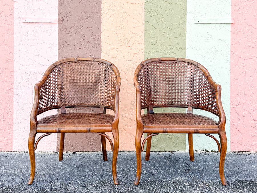 Pair of Handsome Faux Bamboo Cane Barrel Chairs
