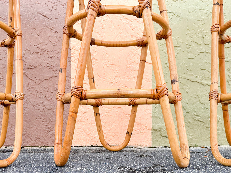 Set of Three Old Florida Cane and Rattan Bar Stools