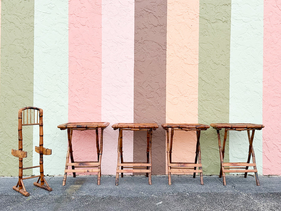 Set of Four Tortoiseshell Bamboo Folding Tables and Stand