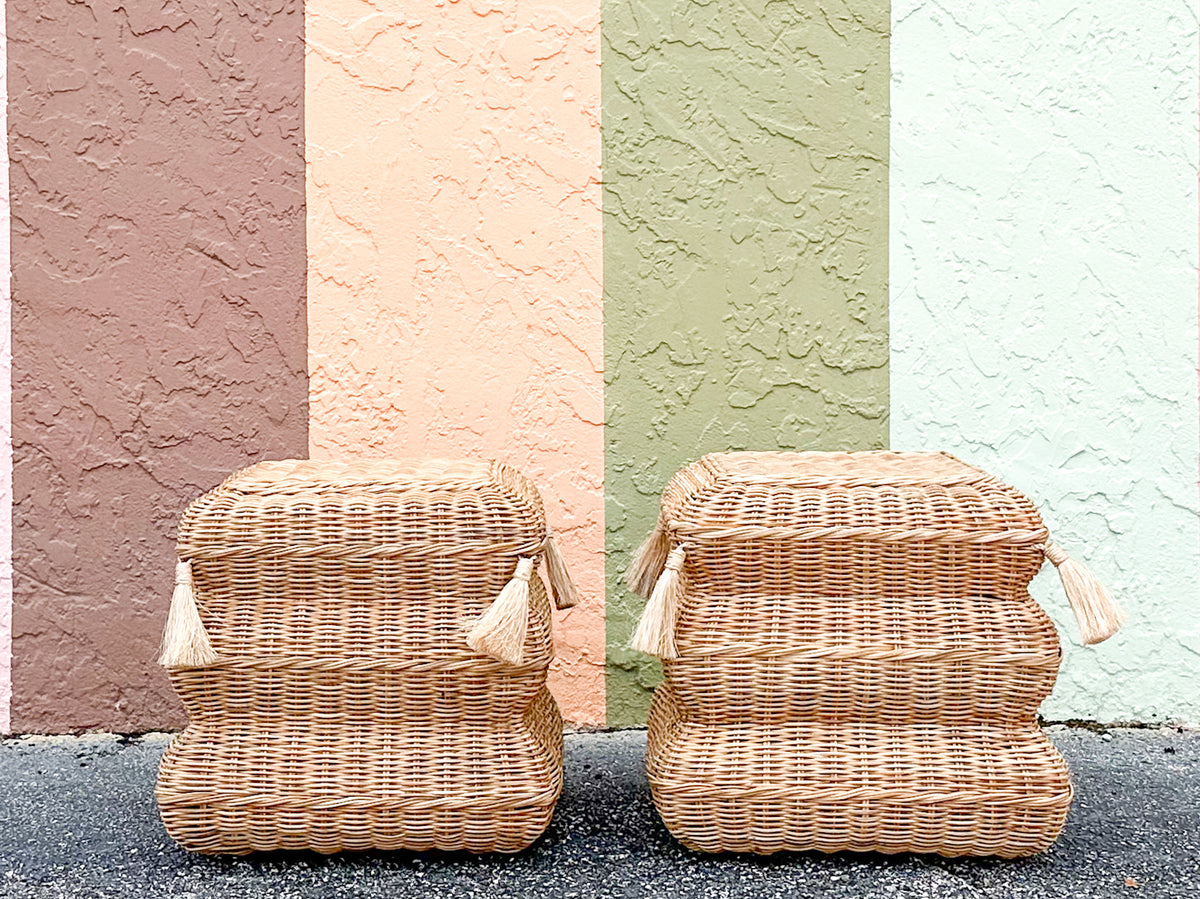 Pair of Modern Wicker Pillow Ottomans