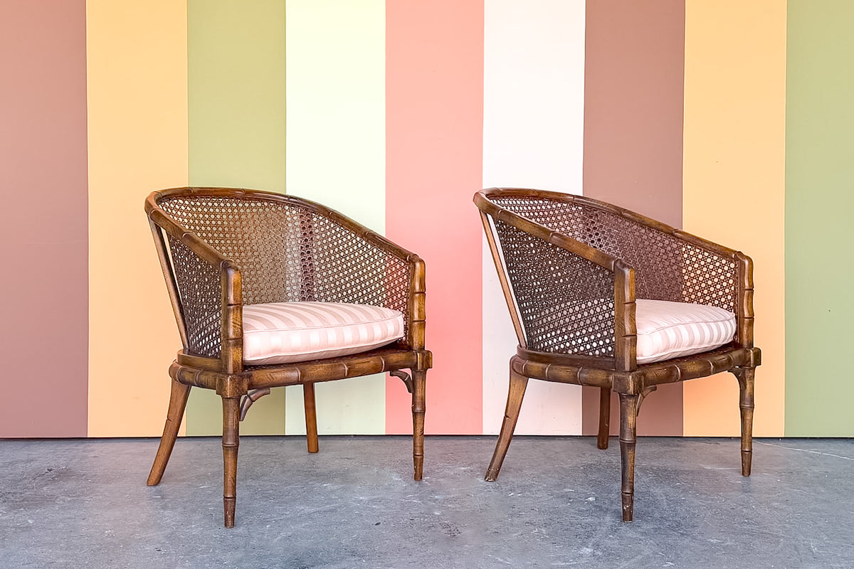 Pair of Handsome Faux Bamboo Cane Barrel Chairs