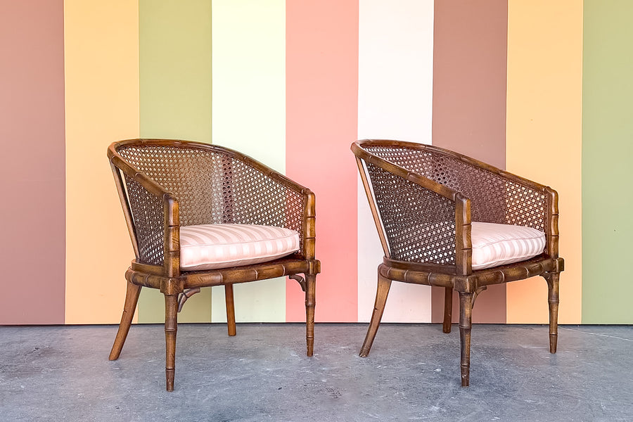 Pair of Handsome Faux Bamboo Cane Barrel Chairs