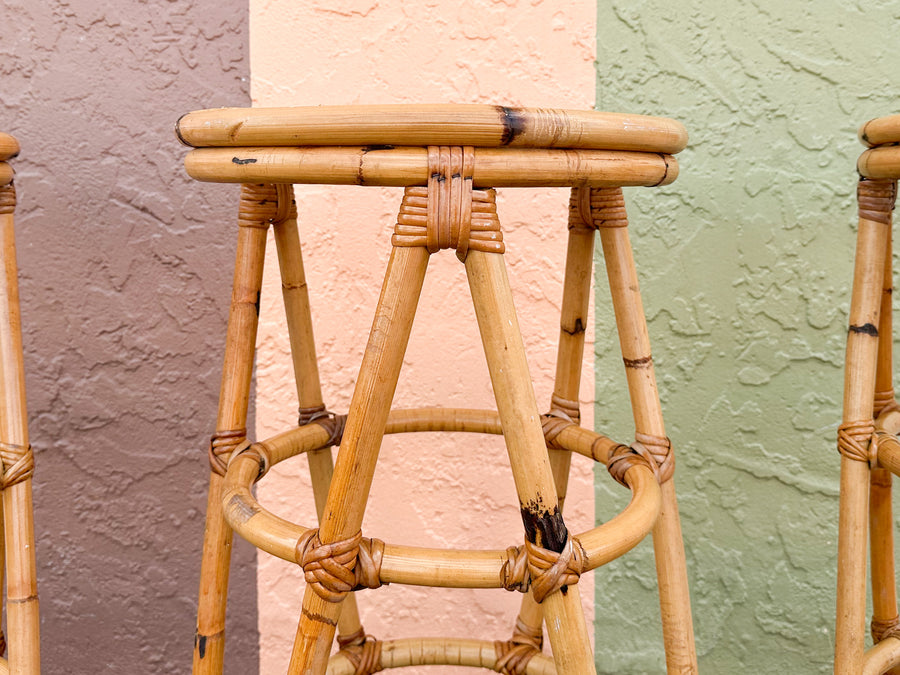Set of Three Old Florida Cane and Rattan Bar Stools