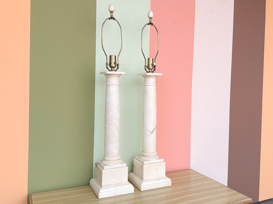 Pair of Kips Bay Show House Large Marble Column Lamps