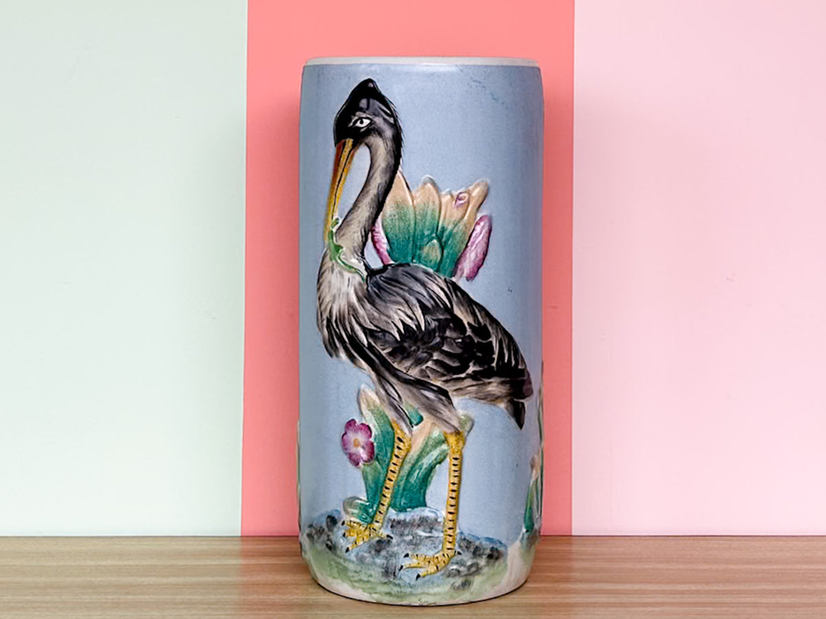 Majolica Heron Umbrella Stand