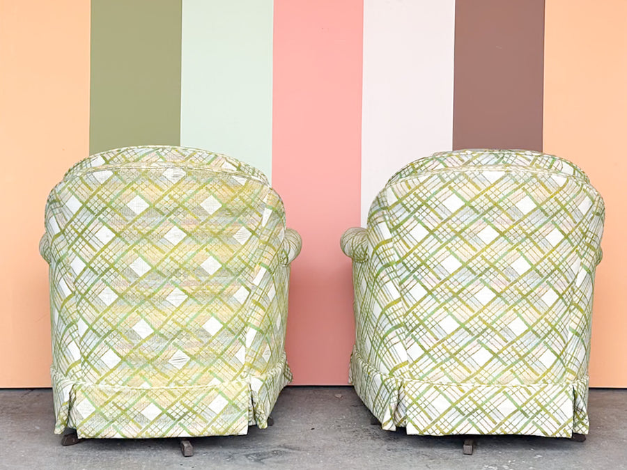 Pair of Pink and Green Plaid Upholstered Swivel Chairs