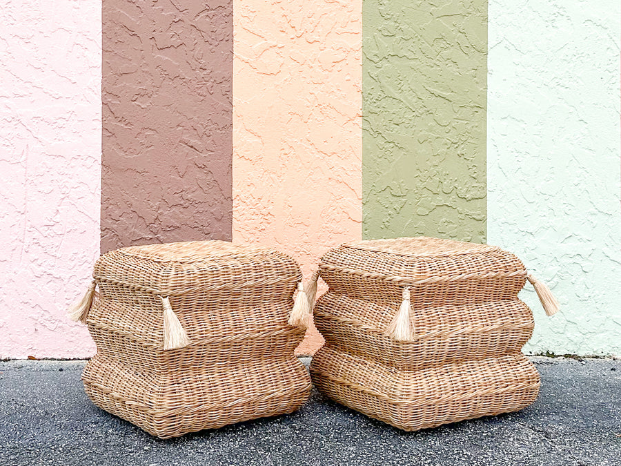 Pair of Modern Wicker Pillow Ottomans