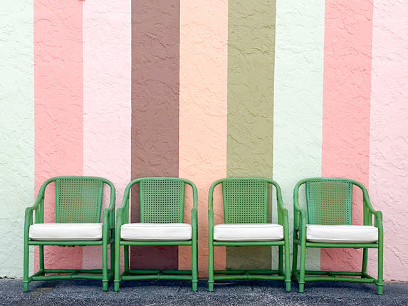 Set of Four Green Ficks Reed Rattan and Cane Chairs