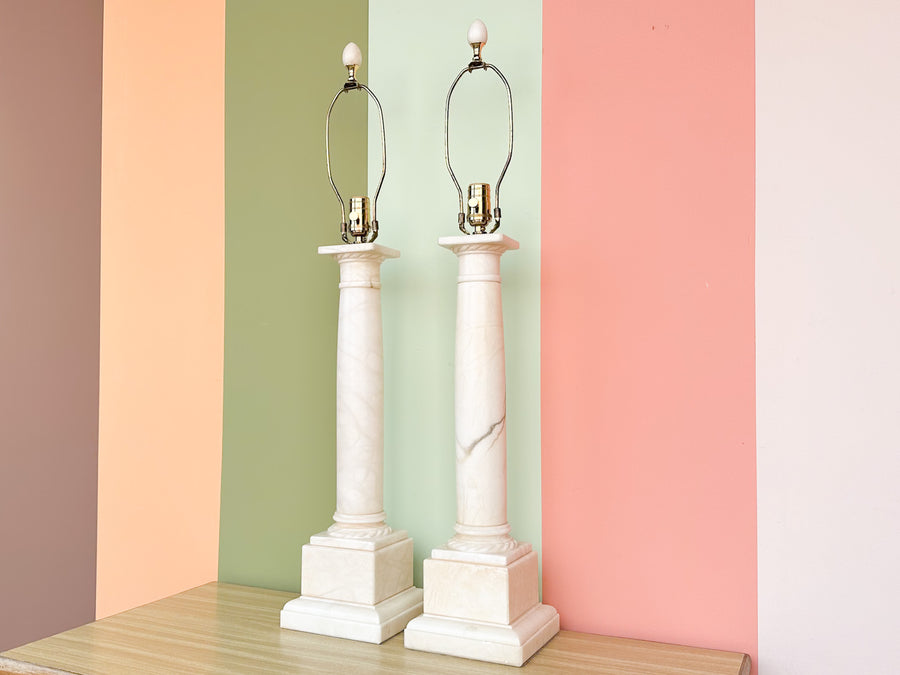 Pair of Kips Bay Show House Large Marble Column Lamps
