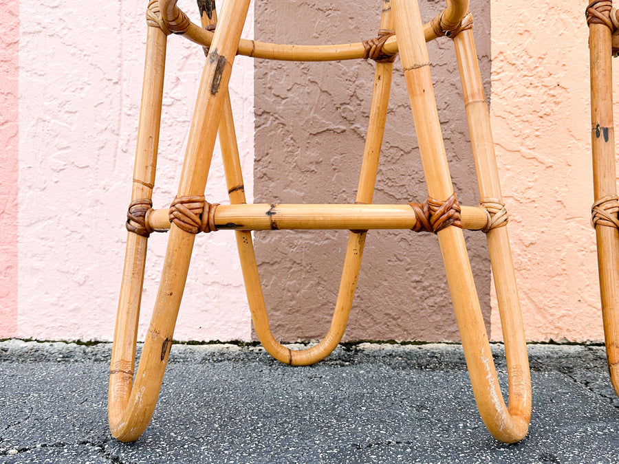 Set of Three Old Florida Cane and Rattan Bar Stools