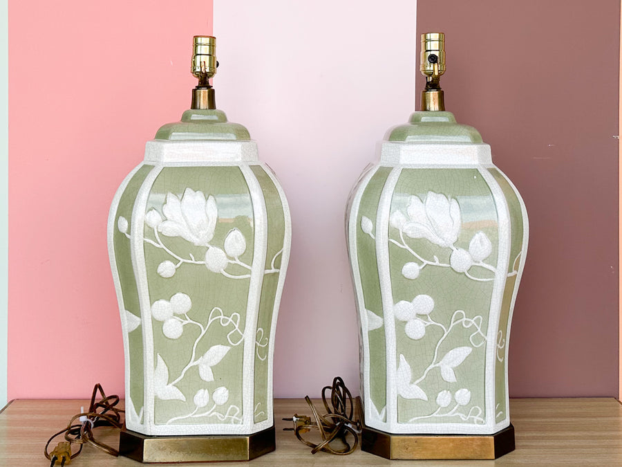 Pair of Green and White Floral Lamps