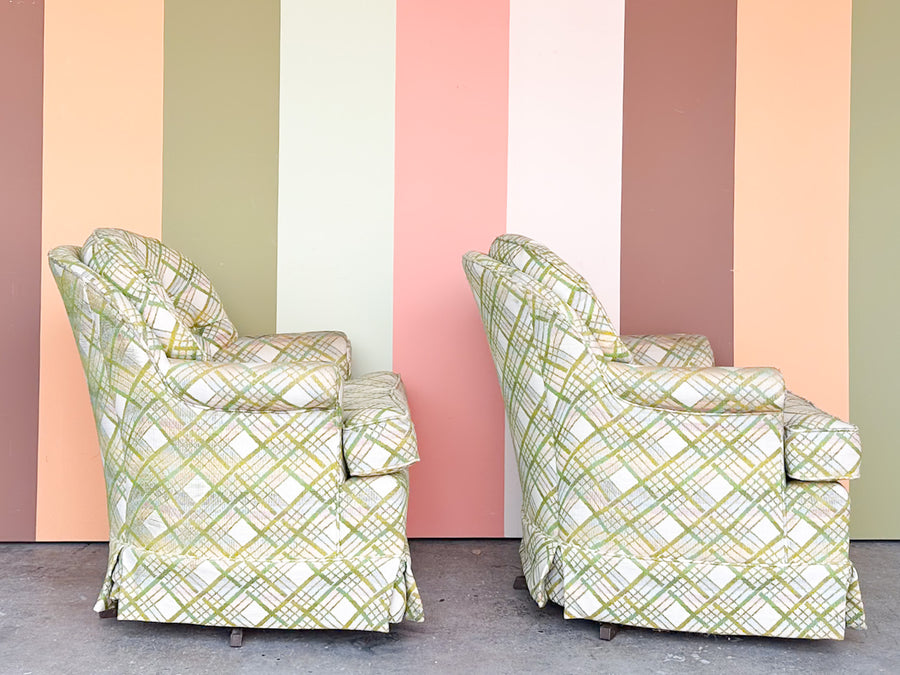 Pair of Pink and Green Plaid Upholstered Swivel Chairs