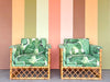 Pair of Rattan and Upholstered Palm Print Club Chairs