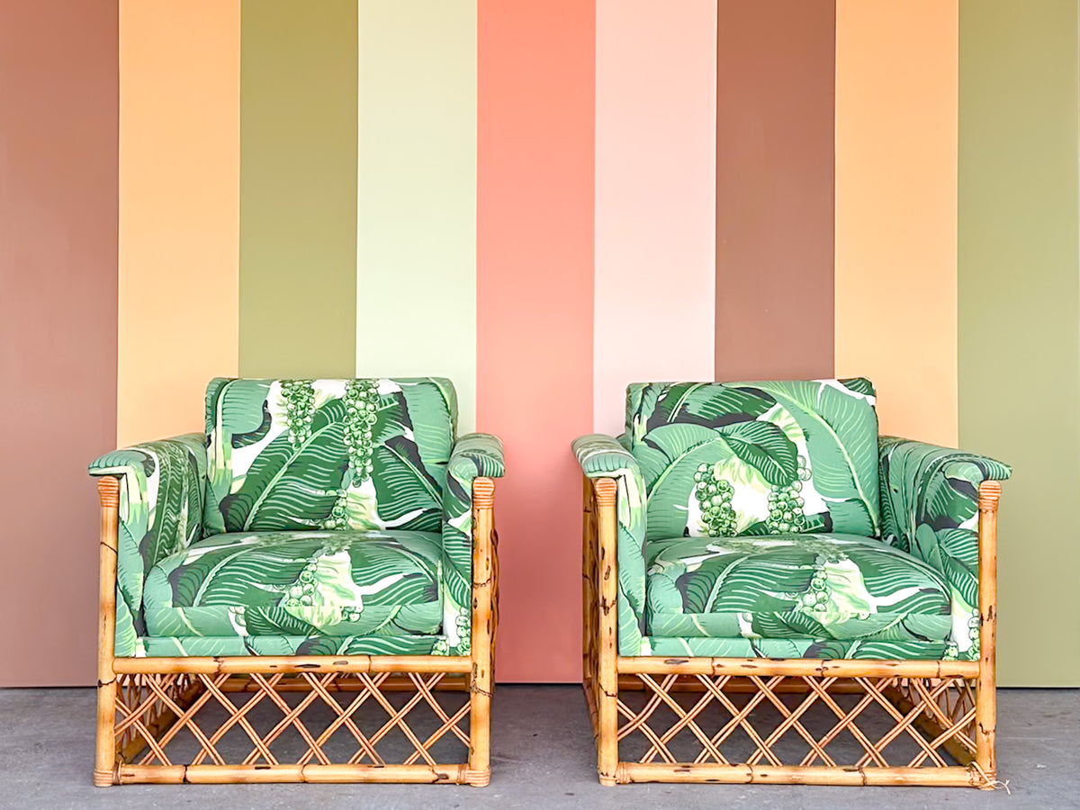 Pair of Rattan and Upholstered Palm Print Club Chairs