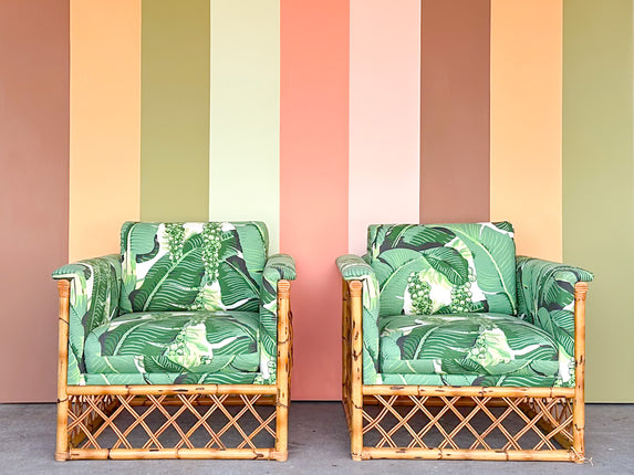 Pair of Rattan and Upholstered Palm Print Club Chairs